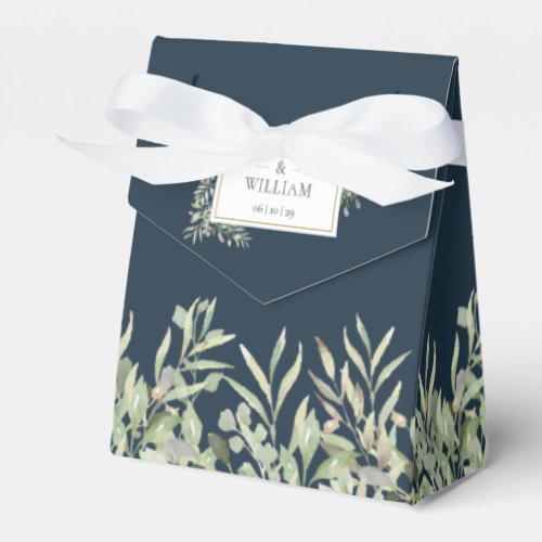 Deep Sea Blue Elegant Greenery Foliage Wedding Favor Boxes