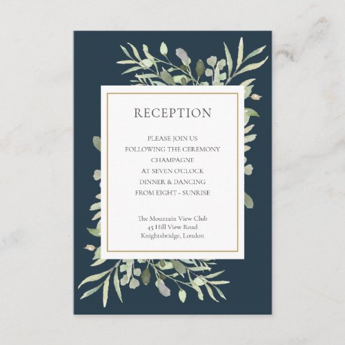 Deep Sea Blue Gold Greenery Wedding Guest Enclosure Card