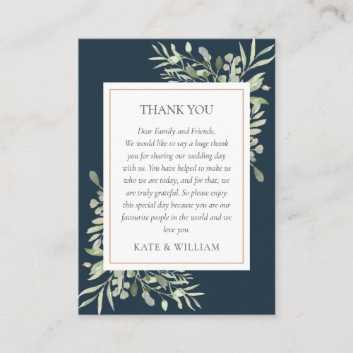 Deep Sea Blue Greenery Floral Wedding Thank You  Place Card