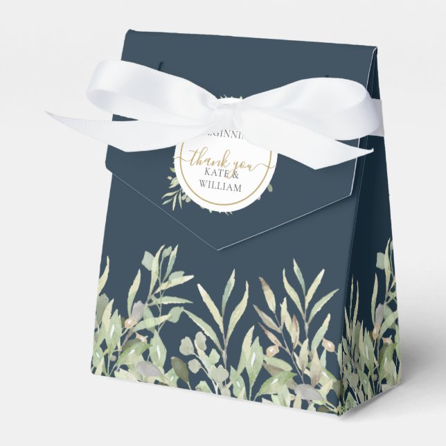 Deep Sea Blue Greenery Leaves Winter Wedding Favor Boxes (Front Side)