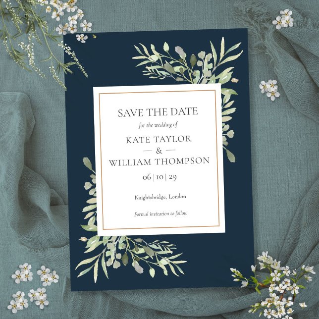 Deep Sea Blue Greenery Wedding Save the Date Invitation (Deep Sea Blue Greenery Wedding Save the Date Invitation)