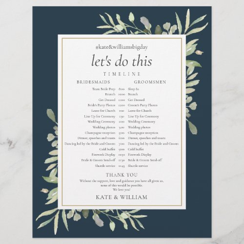 Deep Sea Blue Greenery Wedding Schedule Timeline