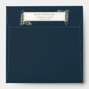 Deep Sea Blue Greenery Wedding Square Envelope
