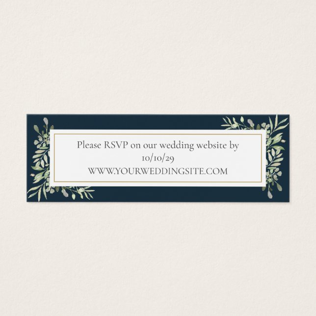 Deep Sea Blue Greenery Wedding Website RSVP Card (Front)