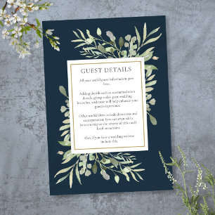 Deep Sea Blue Watercolor Greenery Wedding Details Enclosure Card