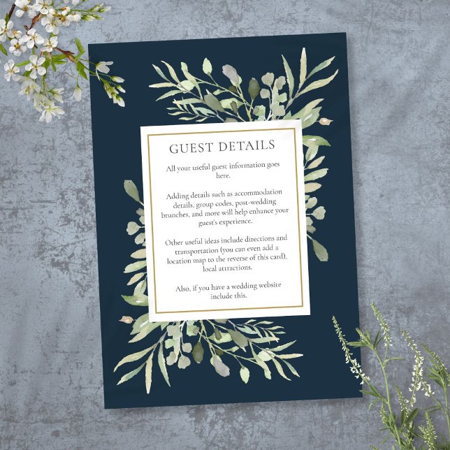 Deep Sea Blue Watercolor Greenery Wedding Details Enclosure Card (Deep Sea Blue Watercolor Greenery Wedding Details Enclosure Card)