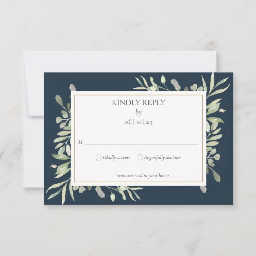 Deep Sea Blue Watercolor Greenery Wedding RSVP