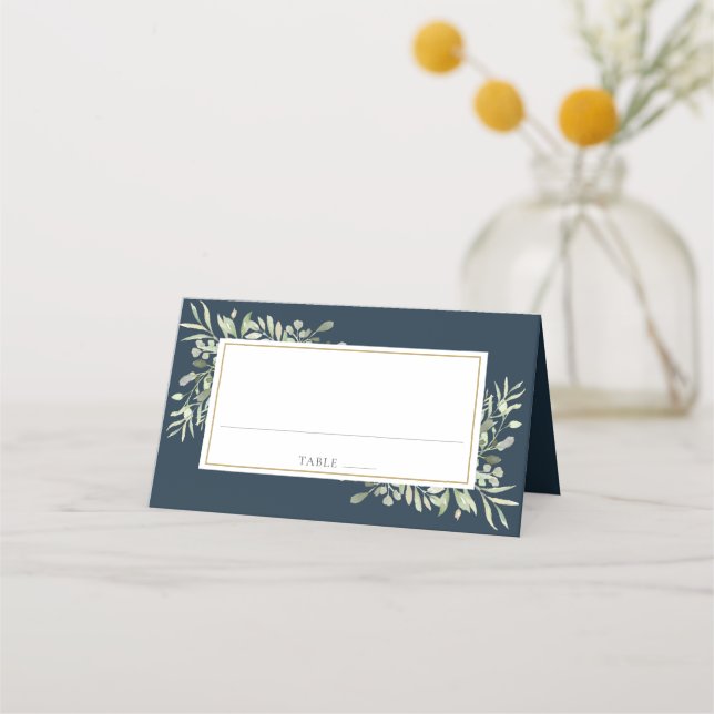Deep Sea Blue Watercolour Greenery Wedding  Place Card (Front)