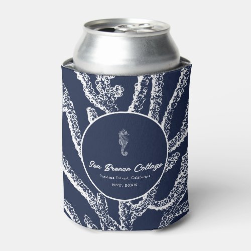Deep Sea Dive Navy Blue  White Nautical Inspired Can Cooler