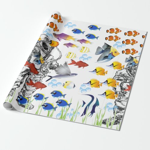 Deep sea Diver and tropical fish on the seabed Wrapping Paper