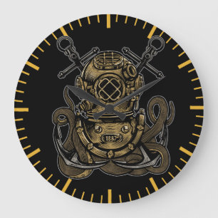 Deep Sea Diver Octopus Attack Nautical Anchors  Large Clock