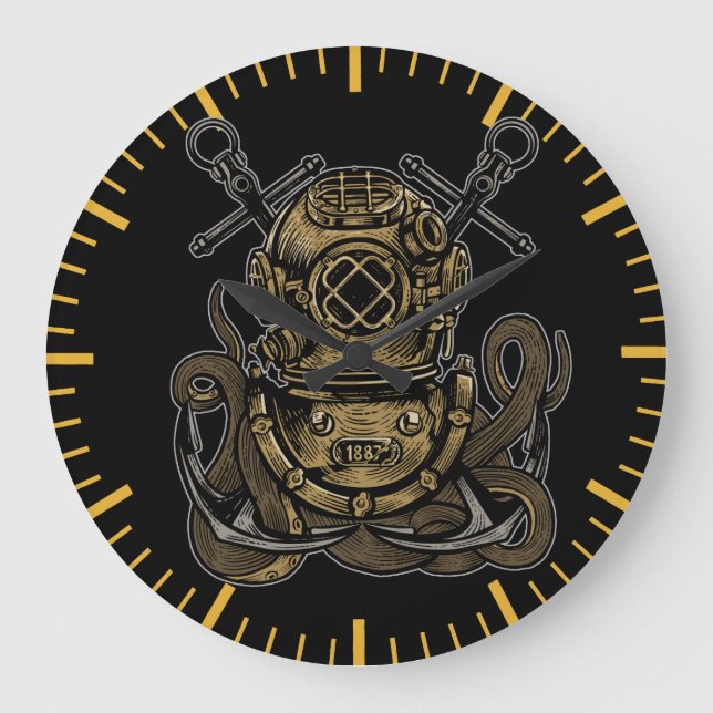 Deep Sea Diver Octopus Attack Nautical Anchors  Large Clock (Front)