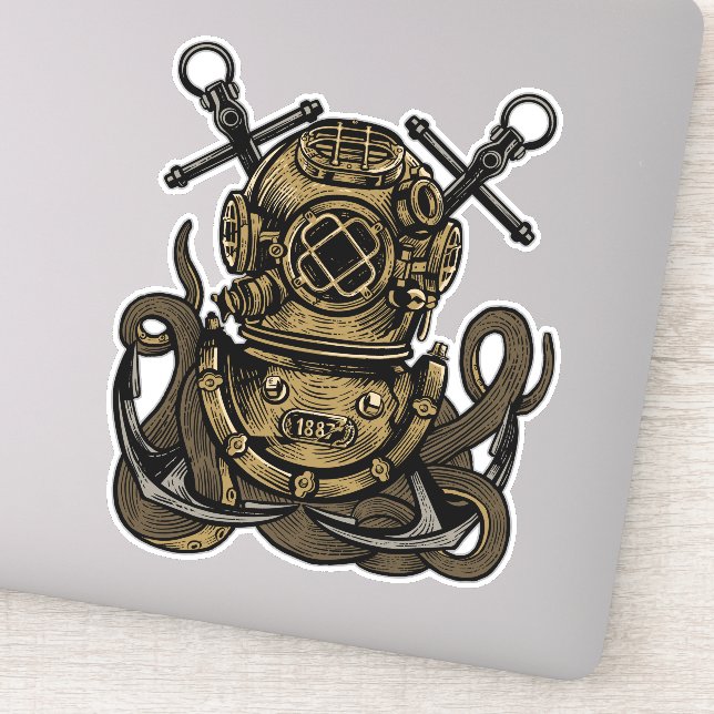 Deep Sea Diver Octopus Crossed Anchors Sticker (Detail)