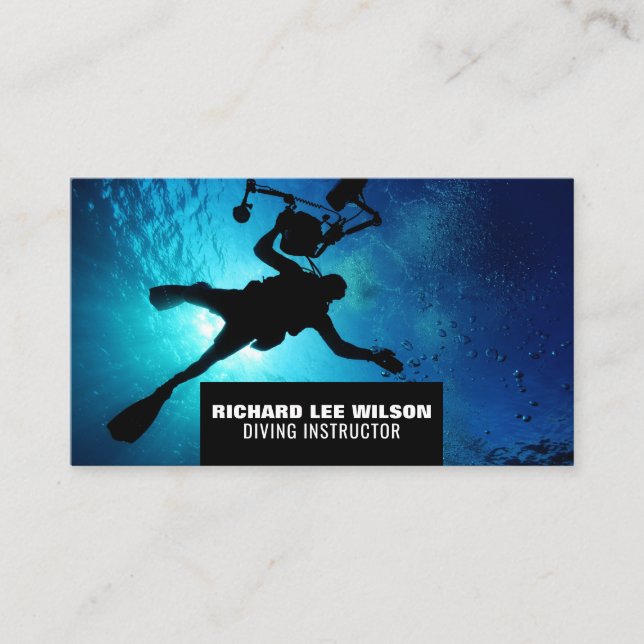 Deep Sea Diver Silhouette, Scuba Diving Instructor Business Card (Front)