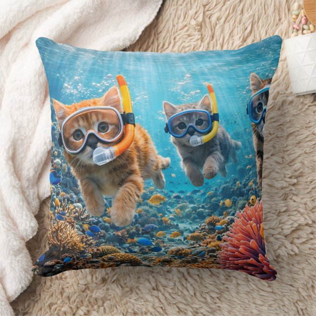 Deep sea diving kittens whimsical underwater snork throw pillow (Blanket)