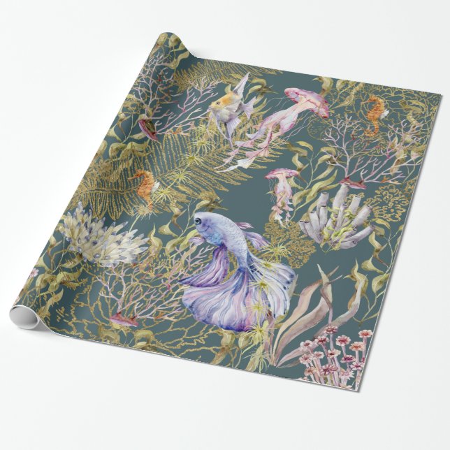 Deep Sea Gold Shimmer Underwater Coral Fish Wrapping Paper (Unrolled)