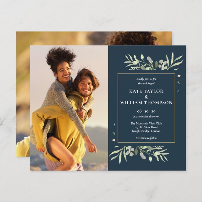 Deep Sea Greenery Photo Budget Wedding Invitation (Front/Back)