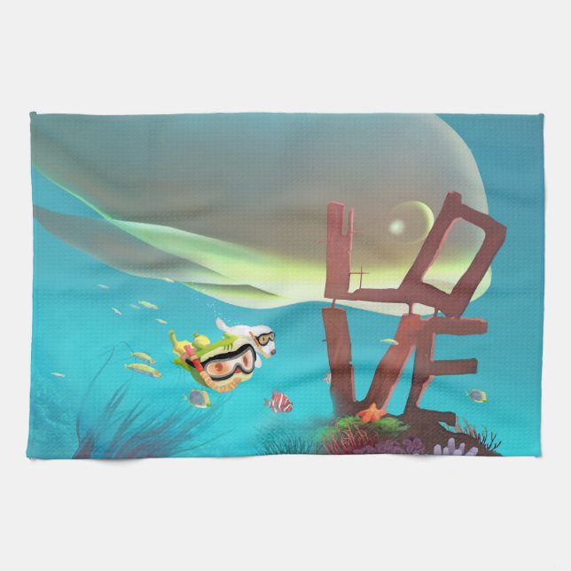 Deep Sea LOVE: Iron T & Smile Pup Snorkeling Kitchen Towel (Horizontal)