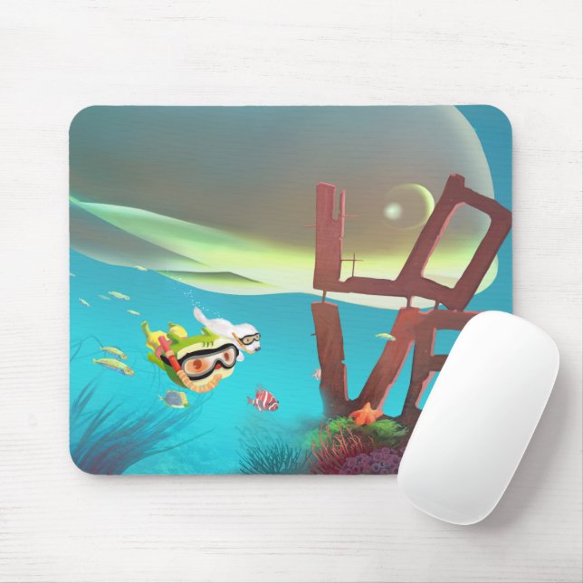 Deep Sea LOVE: Iron T & Smile Pup Snorkeling Mouse Pad (With Mouse)