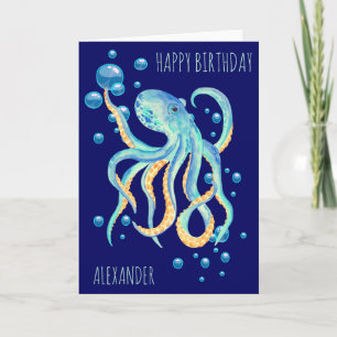 Deep Sea Octopus Blue Bubble Navy Birthday Card