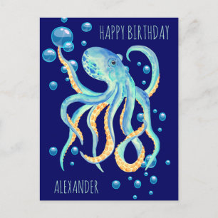 Deep Sea Octopus Blue Bubble Navy Birthday Postcard