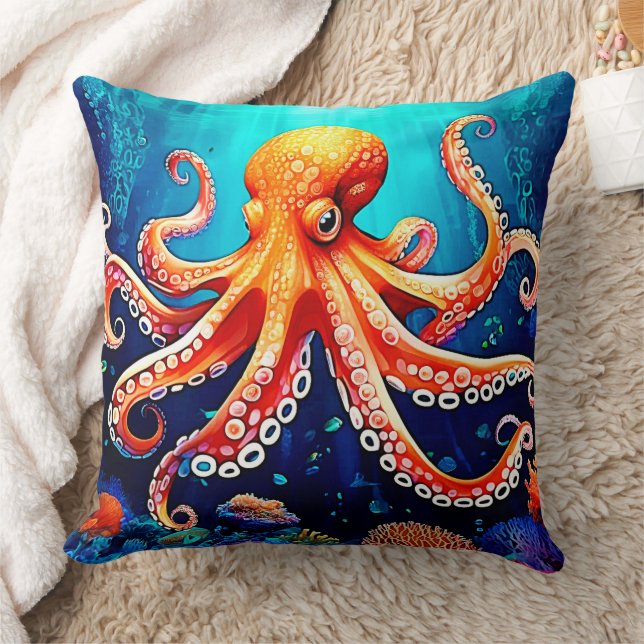 Deep Sea Octopus Glow Design Throw Pillow (Blanket)