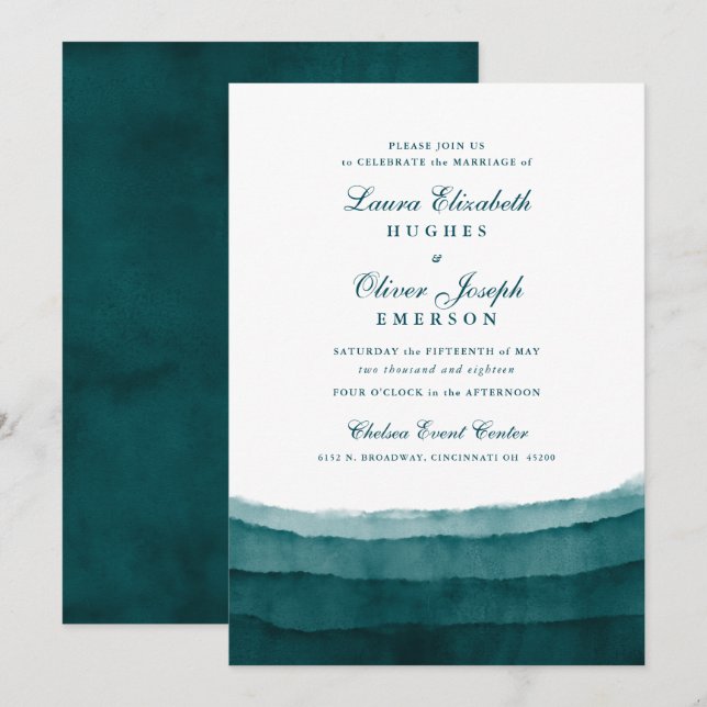 Deep-Sea Teal Watercolor Wedding Invitations (Front/Back)