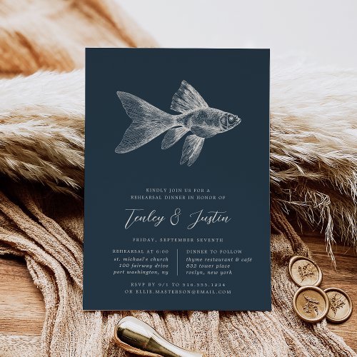 Deep Sea Vintage Coastal Fish Rehearsal Dinner Invitation