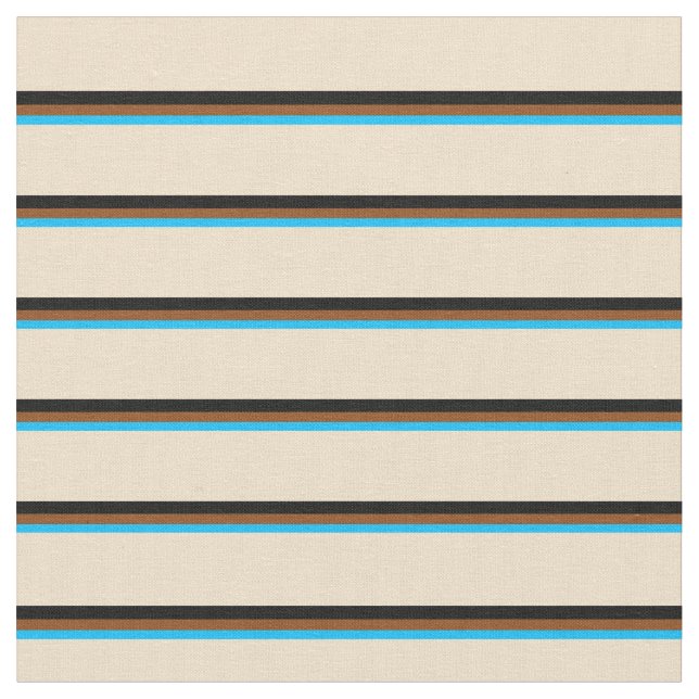 Deep Sky Blue, Brown, Black & Tan Lines Pattern Fabric (Close Up)