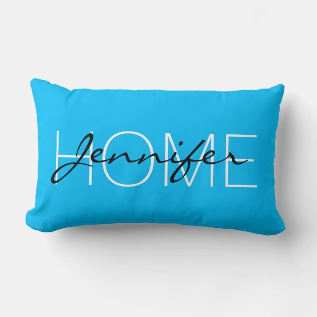 Deep sky blue color home monogram lumbar pillow (Front)
