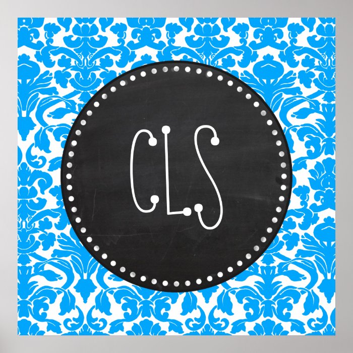 Deep Sky Blue Damask; Retro Chalkboard Poster