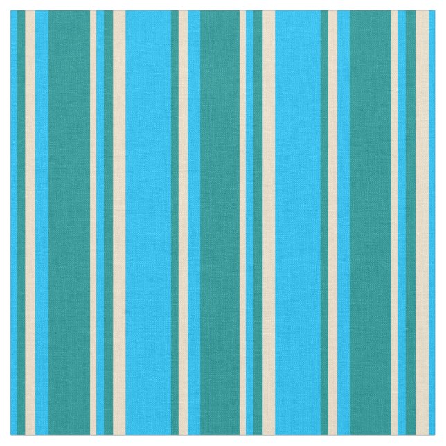 Deep Sky Blue, Dark Cyan, and Tan Stripes Fabric (Close Up)