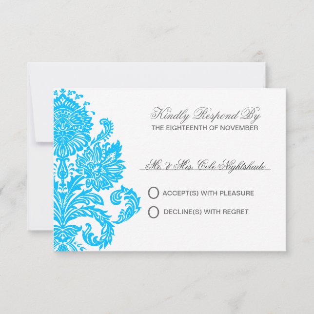 Deep Sky Blue Elegant Damask Wedding Customizable  RSVP Card (Front)