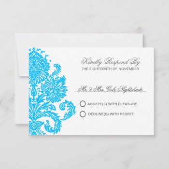 Deep Sky Blue Elegant Damask Wedding Customizable  Rsvp Card by Kullaz at Zazzle
