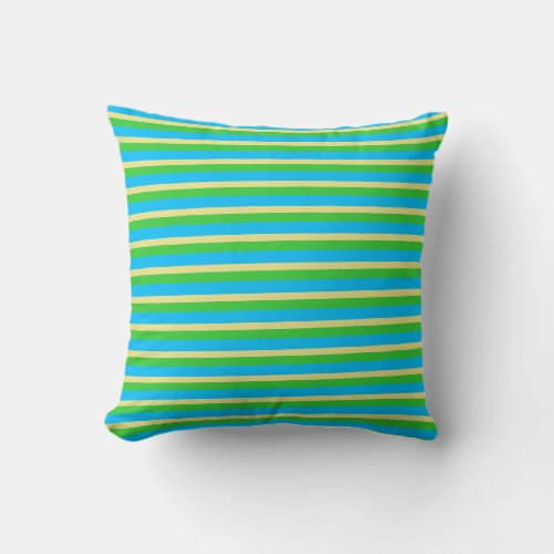 Deep Sky Blue Tan and Lime Green Colored Stripes Throw Pillow