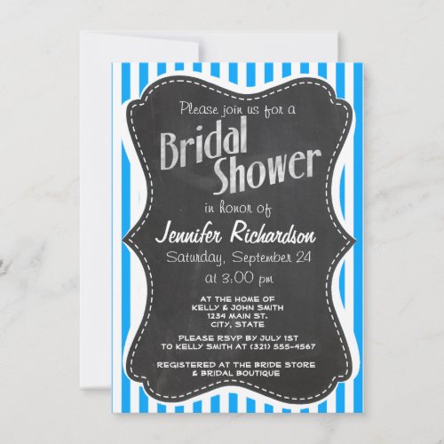 Deep Sky Blue Vertical Stripes; Chalkboard look Personalized Invitation