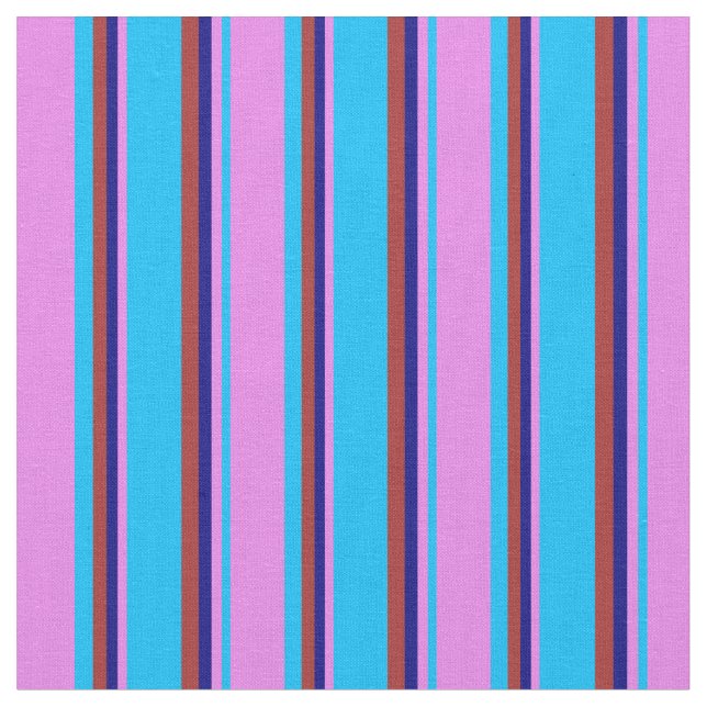 Deep Sky Blue, Violet, Blue & Brown Lined Pattern Fabric (Close Up)