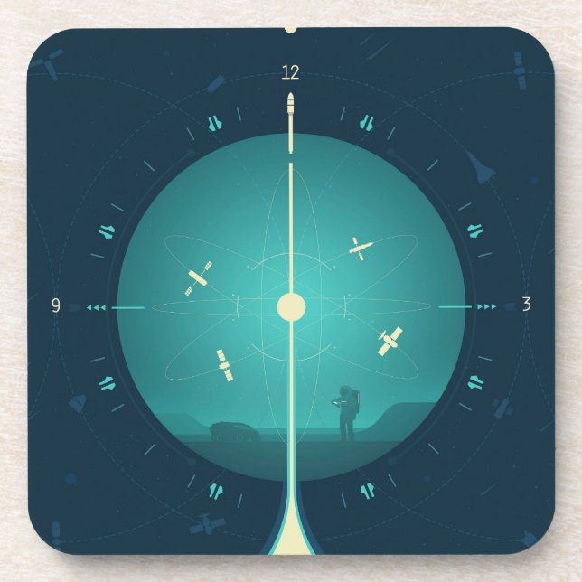 Deep Space Atomic Clock Poster, Blue Version. Beverage Coaster (Front)