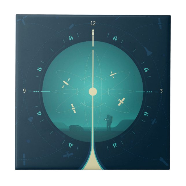 Deep Space Atomic Clock Poster, Blue Version. Ceramic Tile (Front)