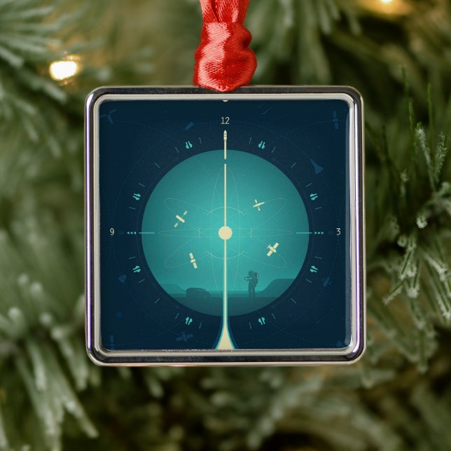 Deep Space Atomic Clock Poster, Blue Version. Metal Ornament (Tree)