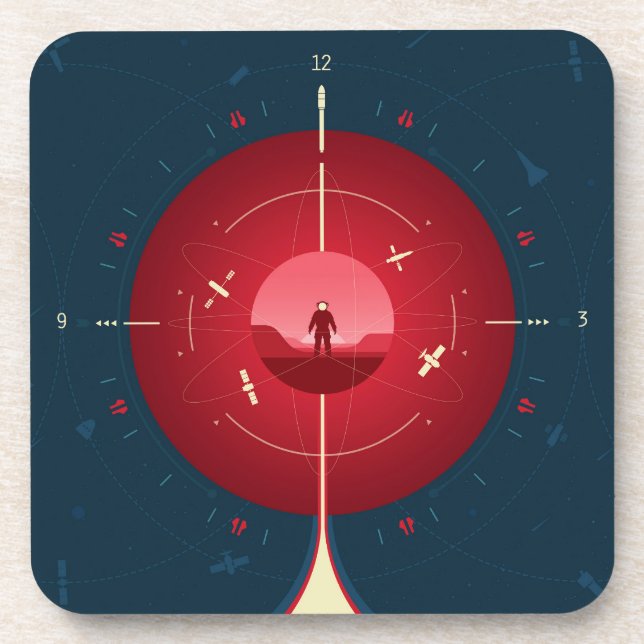 Deep Space Atomic Clock Poster, Red Version. Beverage Coaster (Front)