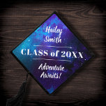 Deep Space Galaxy Name and Class Year Typography Graduation Cap Topper<br><div class="desc">This graduation cap topper design features a fun deep space background, modern typography, and calligraphy script. The topper has your graduate's name, class of (year), and the phrase "adventure awaits". All of the these can be changed using the "personalize it" tool. You can also remove the background and replace it...</div>