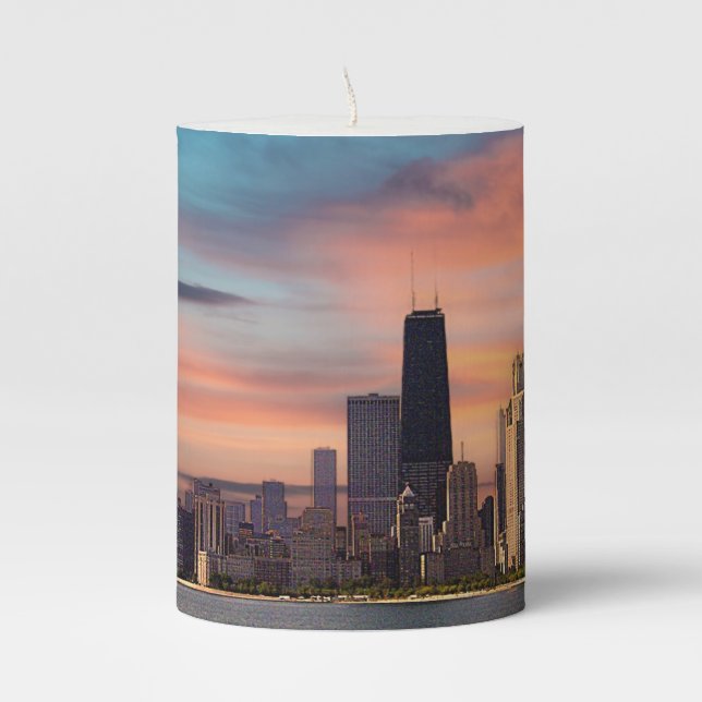 Deep Sunset over Chicago Pillar Candle (Front)