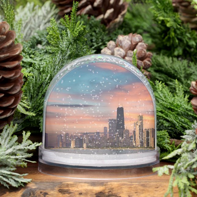 Deep Sunset Over Chicago Snow Globe (Winter)