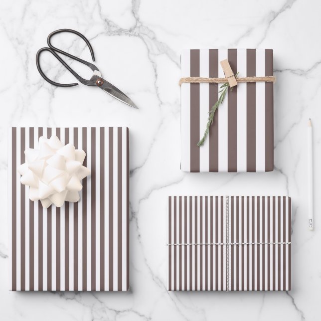 Deep Taupe & White Stripes Wrapping Paper Sheets (Front)