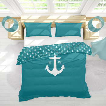 Deep Teal Anchor Nautical Monogram Duvet Cover by heartlockedhome at Zazzle