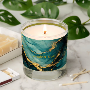 Deep Teal and Gold Fluid Motion Custom Name Scented Candle