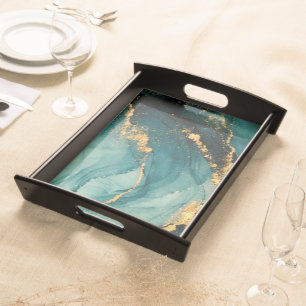 Deep Teal and Gold Fluid Motion Serving Tray