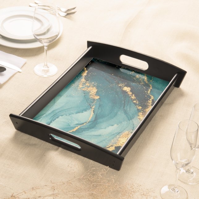 Deep Teal and Gold Fluid Motion Serving Tray (Front)
