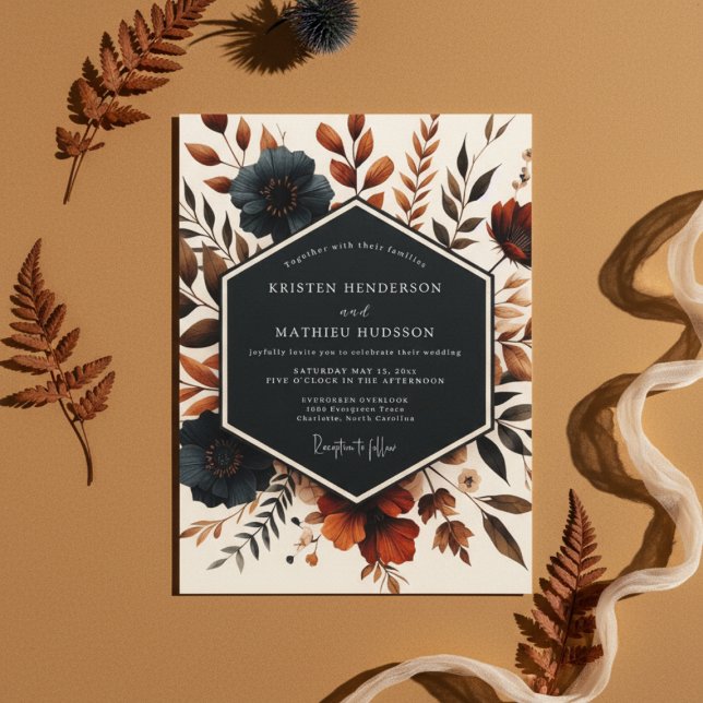 Deep Teal Autumn Bloom Wedding Invitation (Creator Uploaded)